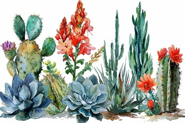 Watercolor flower cactus plants and cactus pots cartoon set illustration on white background
