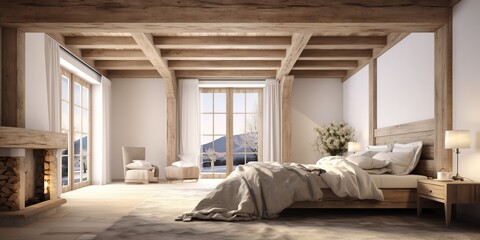 Ceiling with wooden beams and lining. Rustic interior design of modern bedroom with log columns in farmhouse. 
