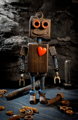 Vintage wooden robot, handcrafted robot with heart - 716785392