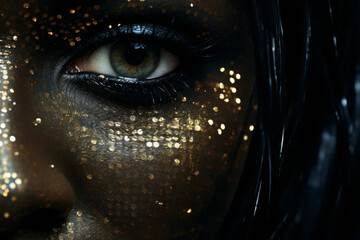 The face of a beautiful young woman covered in gold and black tulle. - obrazy, fototapety, plakaty