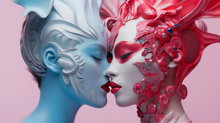 Romantic kiss between two female statues. The concept of same-sex love, tolerance and Pride. Generative AI.