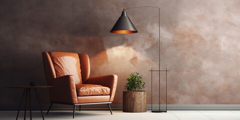 Interior of modern living room with copper floor lamp, granite coffee table and armchair, empty wall. Home design.