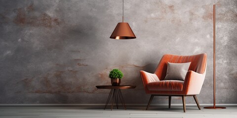 Interior of modern living room with copper floor lamp, granite coffee table and armchair, empty wall. Home design.