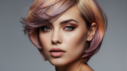 Beautiful portrait of sensual woman with bob short colorful hair for make up cosmetics ad concept, plain background from Generative AI