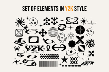 A big collection and set of modern futuristic abstract universal minimalistic cosmic models, figures in y2k style. Brutalism. Sticker. Aesthetic shapes.  Decorative elements for your  design. Line art