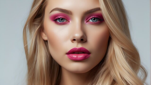 Beautiful portrait of sensual woman with bright pink lips and long straight blonde hair for make up cosmetics ad concept from Generative AI