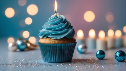 Blue theme birthday cupcake with one candle on top on a pastel background with shiny sparkling glitters from Generative AI