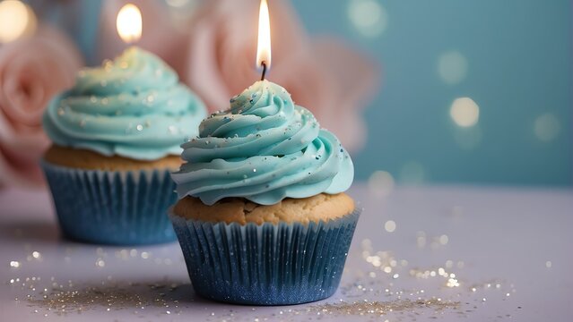 Blue theme birthday cupcake with one candle on top on a pastel background with shiny sparkling glitters from Generative AI