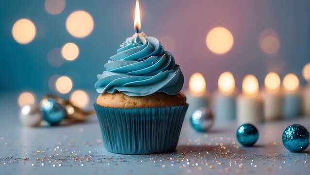 Blue theme birthday cupcake with one candle on top on a pastel background with shiny sparkling glitters from Generative AI