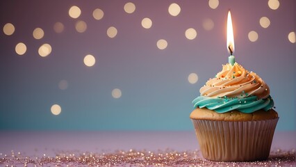 Colorful theme birthday cupcake with one candle on top on a pastel background with shiny sparkling glitters from Generative AI
