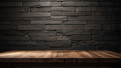 Empty wooden table top against a detailed grungy black stone wall and sunlight from Generative AI - obrazy, fototapety, plakaty