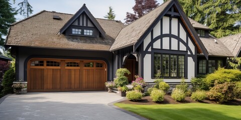 Tudor style family house exterior with gable roof and timber framing. Wooden garage doors in home cottage.