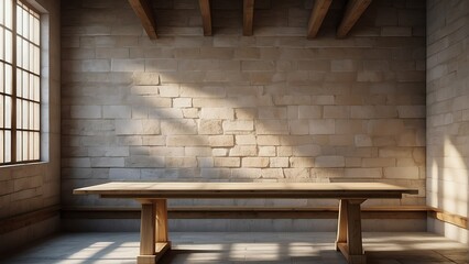 Empty wooden table top against a detailed grungy white stone wall and sunlight rays from Generative AI