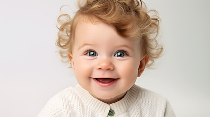 Close-up portrait of a happy baby. The plump face of a newborn with a blissful smile. Sweet smile of a calm child. Generative AI