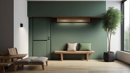 Minimalist green apartment entrance with small bench and coat rack from Generative AI