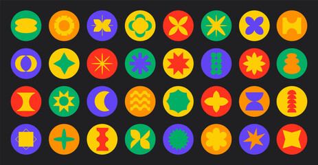 Big set of round retro stickers. Trendy y2k icons with abstract colorful shapes. Vector illustration