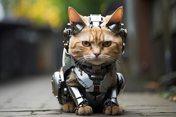 cute and beautiful powerful cat with sharp vision, like a robot.