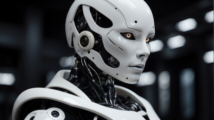 Portrait of a white humanoid robot on plain black background from Generative AI