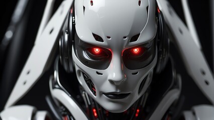 Portrait of a white humanoid robot with red eyes looking at the camera on plain dark empty black background from Generative AI - obrazy, fototapety, plakaty