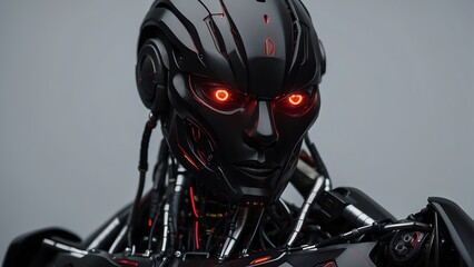 Side view portrait of a black humanoid robot with red eyes on plain dark empty black background from Generative AI