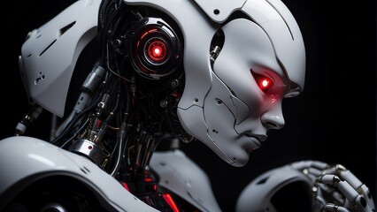 Side view portrait of a white humanoid robot with red eyes on plain dark empty black background from Generative AI