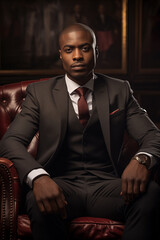 African male business portrait, eye catching and elegant, sitting in an armchair. AI Generative