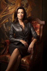 Beautiful female business portrait, eye catching and elegant, sitting in an armchair. AI Generative