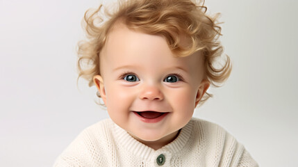 Little baby is smiling. Close-up portrait of a laughing baby. Generative AI