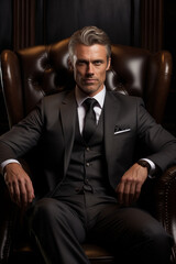 Fototapeta premium Male business portrait, eye catching and elegant, sitting in an armchair. AI Generative