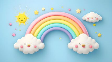 Rainbow with sun and clouds in cute style on a soft pastel blue background.