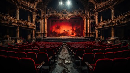 Aerial Shot of Deserted Theater with Red Seats, Capturing Eerie Abandonment