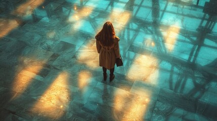 A woman is at the airport, preparing to travel - obrazy, fototapety, plakaty