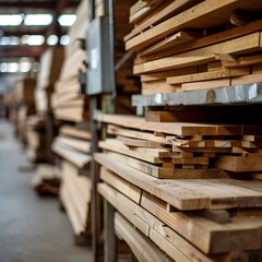  large stack of wooden planks in a warehouse or workshop area with a blurred background of wood planks