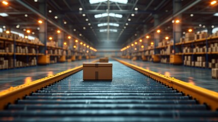 Fototapeta premium Smart warehouse management system concept.Cardboard boxes on conveyor rollers ready to be shipped by courier for distribution in warehouse.Huge distribution warehouse with high shelves and loaders.