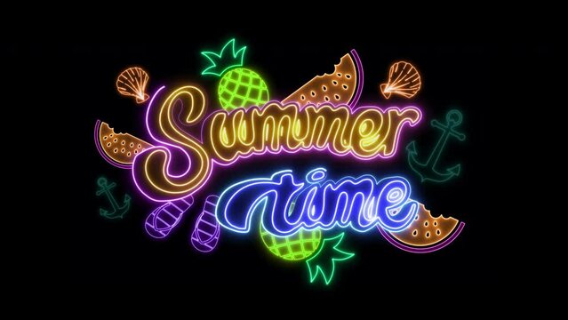 Glowing summer time and vacation creative logo design. Hello summer neon elements empty banner. watermelon pineapples palm tree flip flops sea anchor and shell illuminated design elements