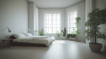 Fototapeta na wymiar Bright Minimalist Interior in Bedroom, A Contemporary and Serene Living Space