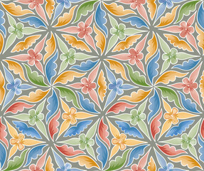 Floral ornamental pattern. Flowers and leaves background in ancient russian style. Seamless flourish in medieval european interior decoration style.