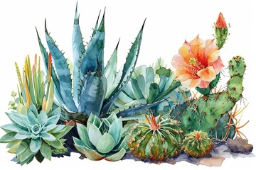 Watercolor flower cactus plants and cactus pots cartoon set illustration on white background - obrazy, fototapety, plakaty