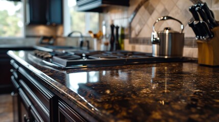 Fototapeta na wymiar Rich chocolate granite countertops adding warmth to a contemporary kitchen with gunmetal handles.