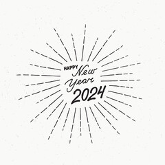 Happy New Year holiday background. Winter Christmas grunge greeting card design with firework rays. Doodle Greeting Card with handwritten Lettering HAPPY NEW YEAR 2024 - 716789923