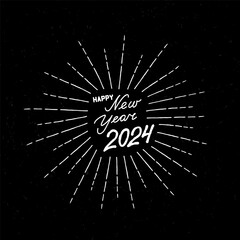 Happy New Year holiday background. Winter Christmas grunge greeting card design with firework rays. Doodle Greeting Card with handwritten Lettering HAPPY NEW YEAR 2024 - 716789944