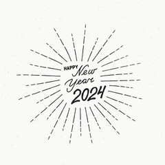 Happy New Year holiday background. Winter Christmas grunge greeting card design with firework rays. Doodle Greeting Card with handwritten Lettering HAPPY NEW YEAR 2024 - 716789964