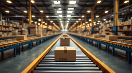 Obraz premium Smart warehouse management system concept.Cardboard boxes on conveyor rollers ready to be shipped by courier for distribution in warehouse.Huge distribution warehouse with high shelves and loaders.