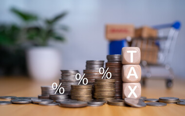 Tax wooden letter, Tax concept.Income tax return, Tax payment and tax deduction planning involve strategies to minimize tax liability, deferring income, tax professional. - obrazy, fototapety, plakaty