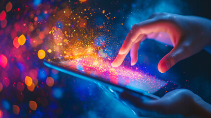 An artistic representation of a hand holding a digital tablet that emits a glow of product images, online shopping, dynamic and dramatic compositions, with copy space