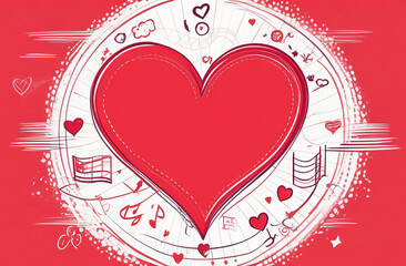 Heart in a white circle on a red background with abstract icons.
