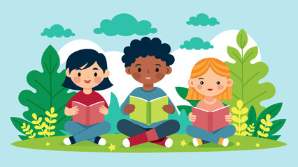 Diverse children reading books together in a park, vector illustration