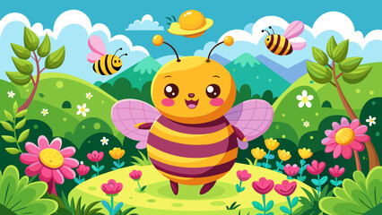 Cheerful cartoon bee in a vibrant spring meadow with flowers