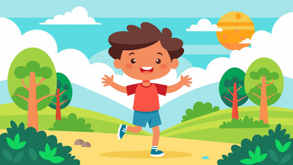 Joyful cartoon boy running in sunny park - kids outdoor activities