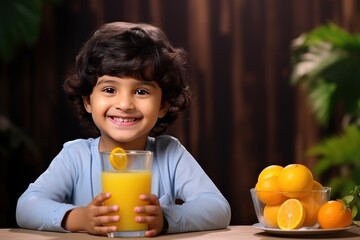 Cute little happy Indian boy or girl drinks fruit juice in a glass while sitting on a table